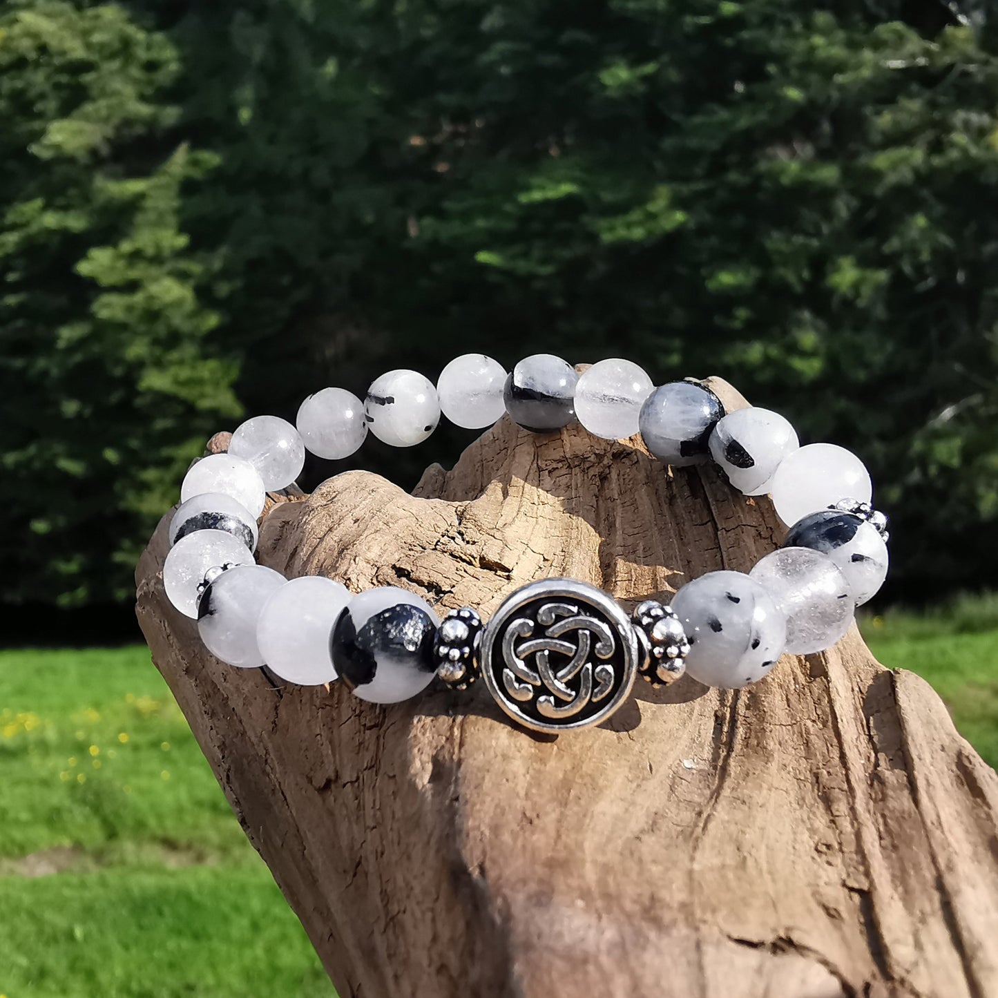 Heilstein Armband ENERGETISCHER SCHUTZ mit TURMALINQUARZ S925 keltisch 8mm Kugeln