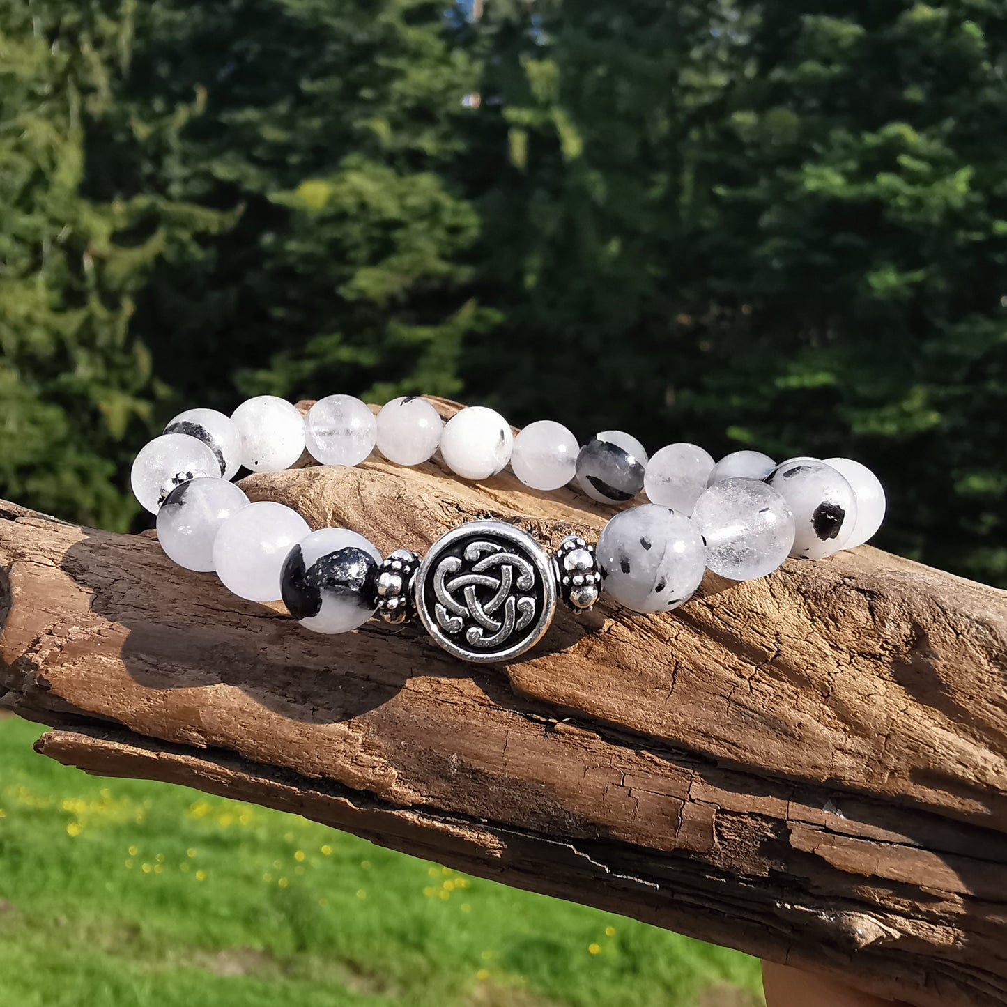 Heilstein Armband ENERGETISCHER SCHUTZ mit TURMALINQUARZ S925 keltisch 8mm Kugeln