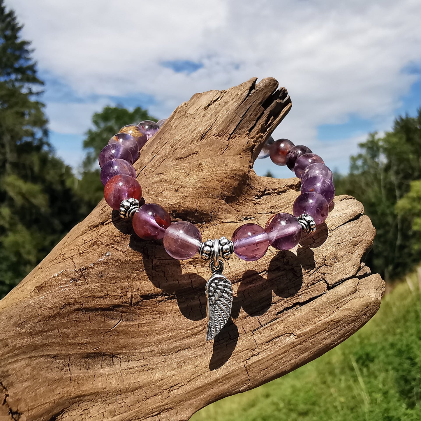 Heilstein Armband AUFSTIEG mit Cacoxenit Amethyst Engelsflügel S925 6mm Kugeln