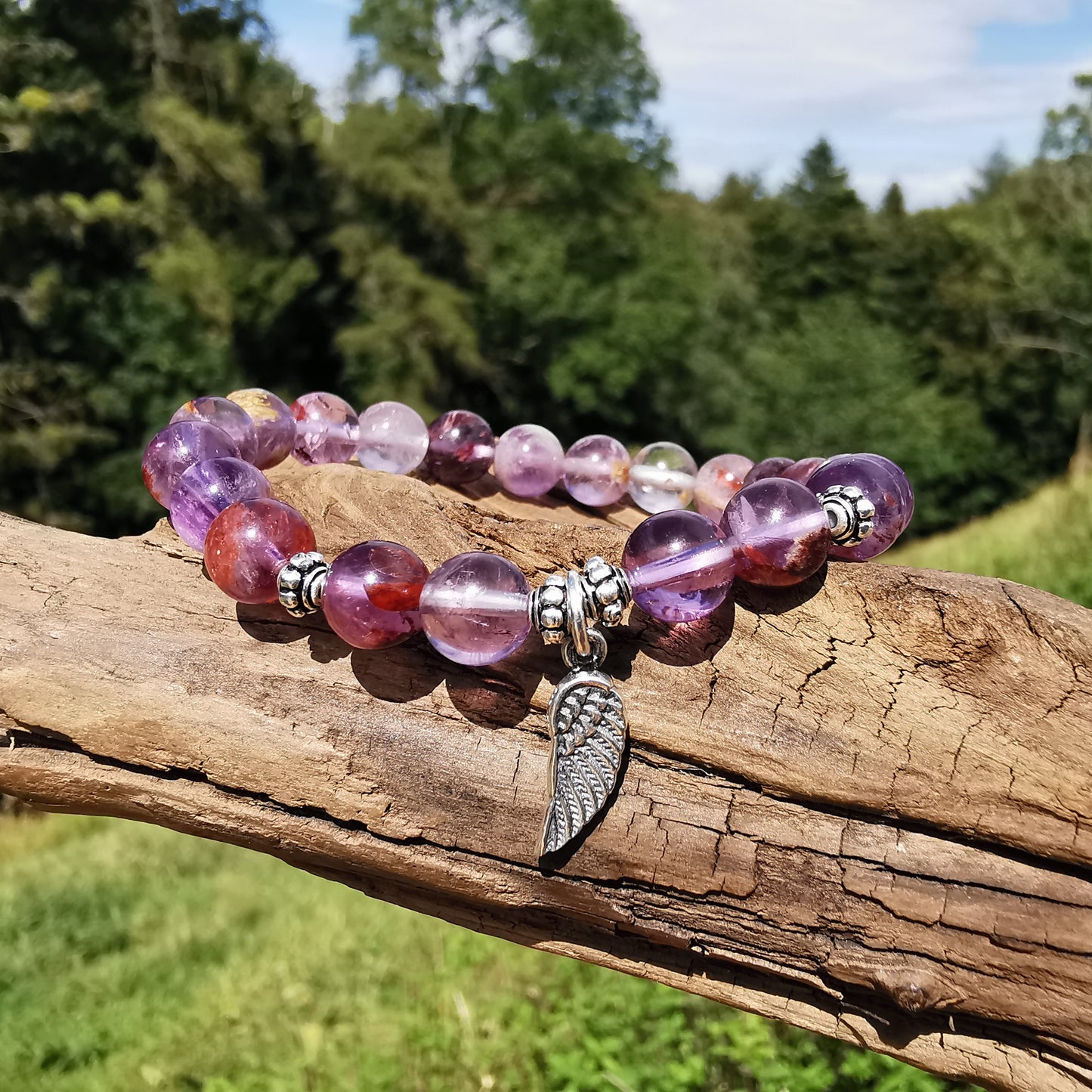 Heilstein Armband AUFSTIEG mit Cacoxenit Amethyst Engelsflügel S925 6mm Kugeln