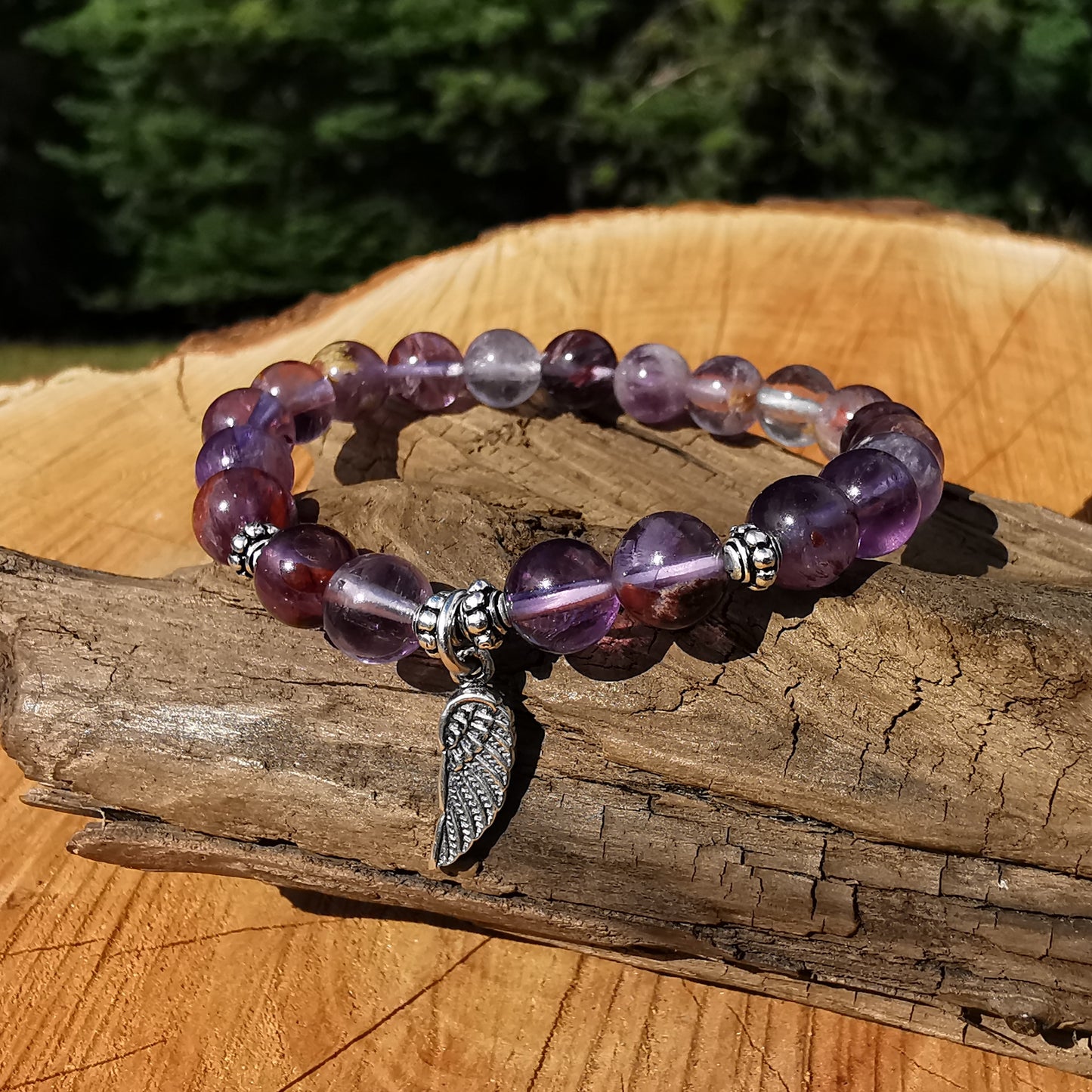 Heilstein Armband AUFSTIEG mit Cacoxenit Amethyst Engelsflügel S925 6mm Kugeln