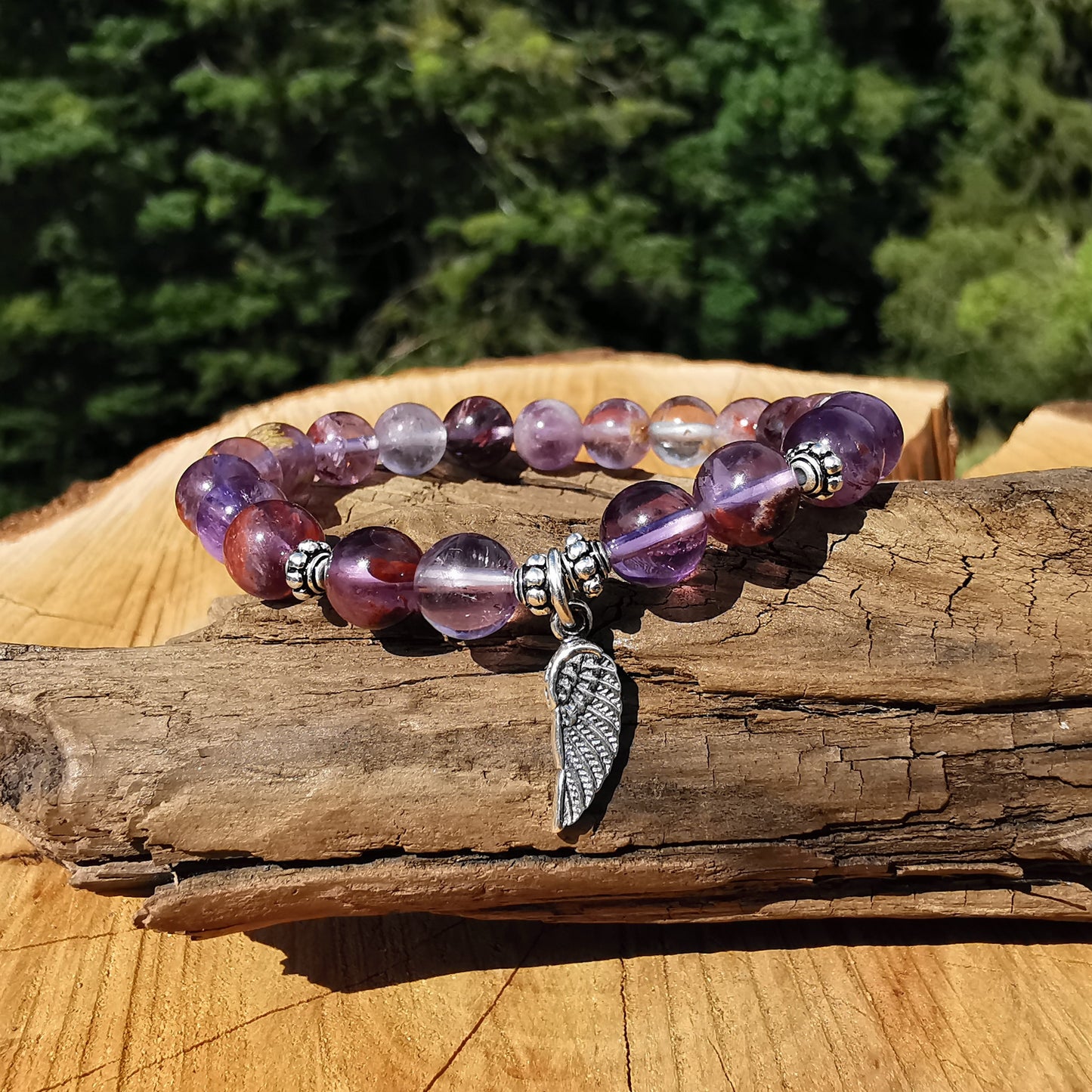 Heilstein Armband AUFSTIEG mit Cacoxenit Amethyst Engelsflügel S925 6mm Kugeln