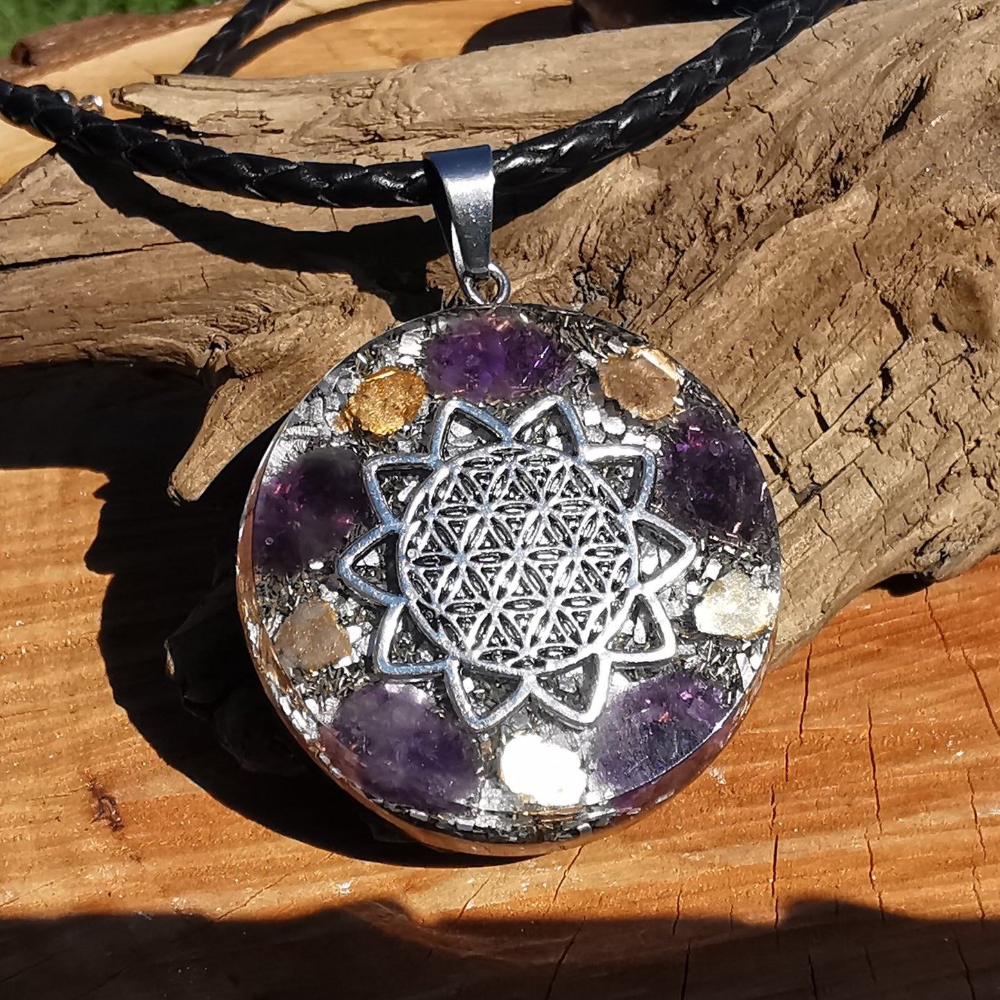 Grosser Orgone Anhänger TRANSFORMATION mit AMETHYST Lebensblume silber