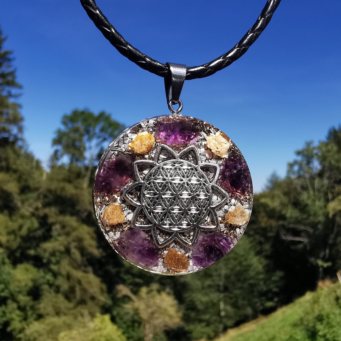 Grosser Orgone Anhänger TRANSFORMATION mit AMETHYST Lebensblume silber
