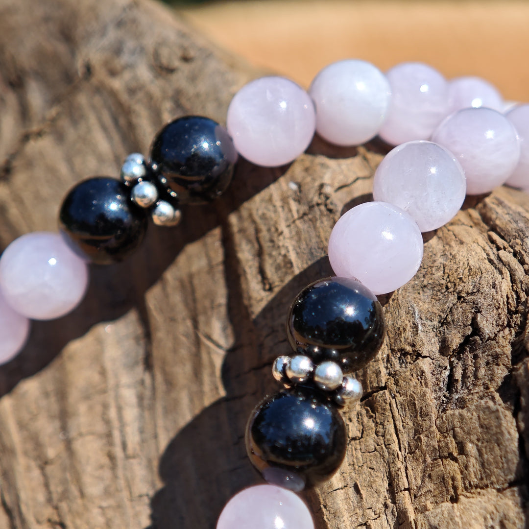 Edelsteinkette ZENTRIERUNG & SCHUTZ mit KUNZIT SCHWARZEM TURMALIN Lebensblume 6mm Kugeln S925