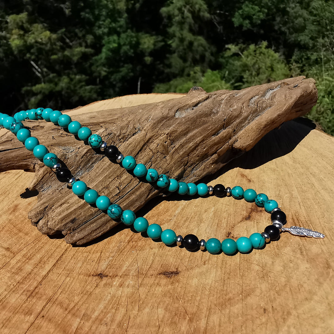 Edelsteinkette ENTSPANNUNG mit Magnesit und Turmalin 6mm Kugeln S925 Feder 39cm