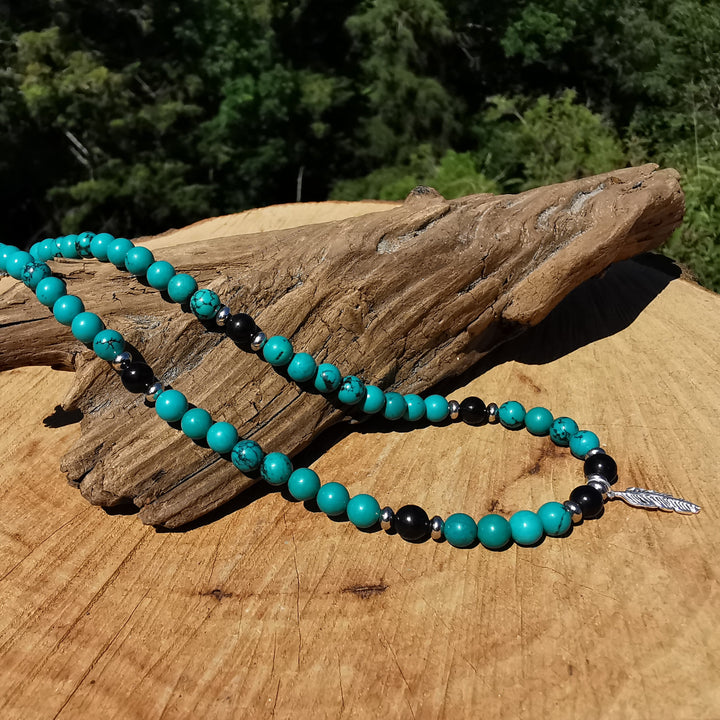 Edelsteinkette ENTSPANNUNG mit Magnesit und Turmalin 6mm Kugeln S925 Feder 39cm