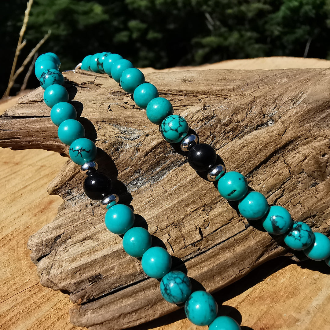 Edelsteinkette ENTSPANNUNG mit Magnesit und Turmalin 6mm Kugeln S925 Feder 39cm