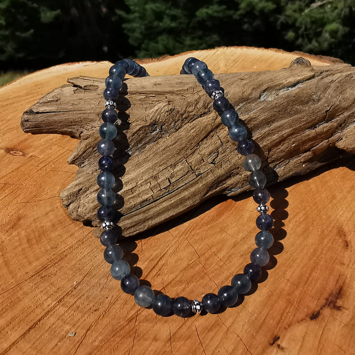 Edelsteinkette STRESS LESS & FOKUSSIERUNG Fluorit Wassersaphir 6mm Kugeln S925