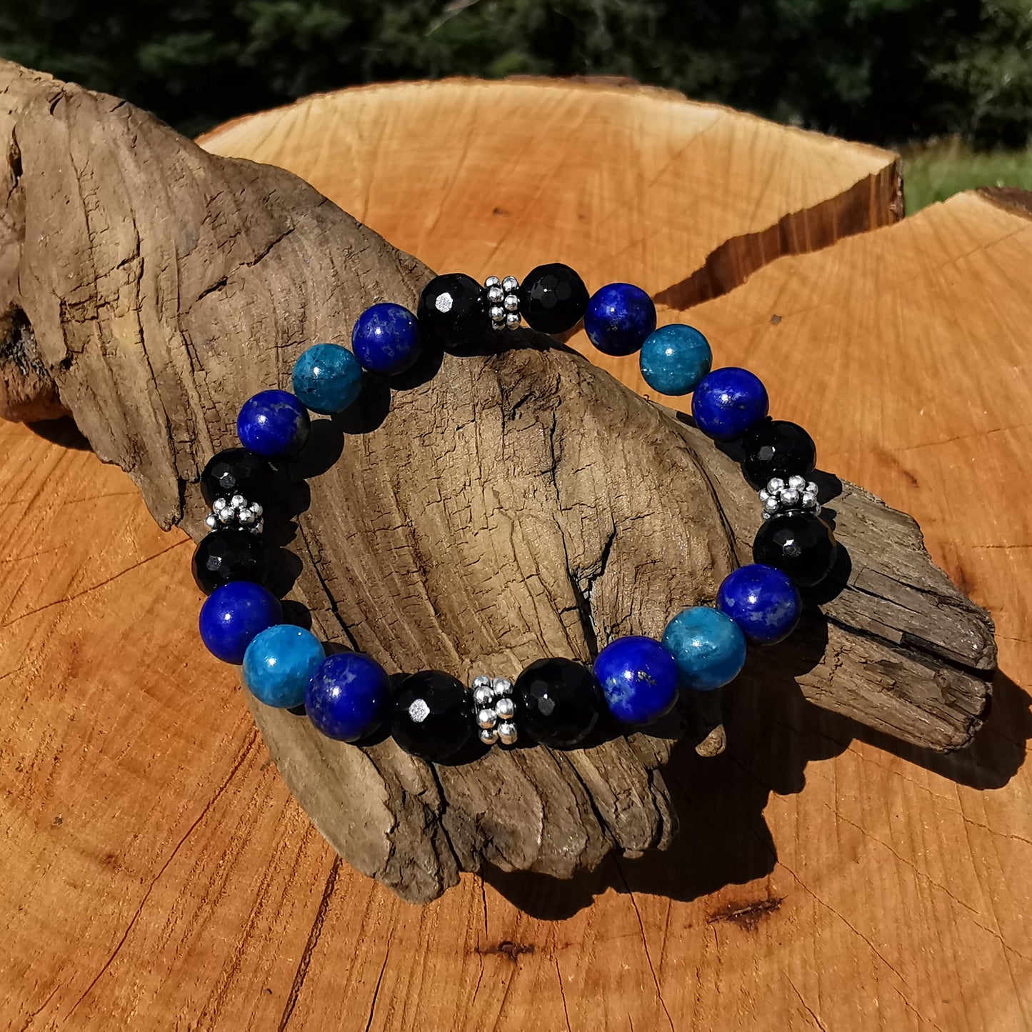Heilstein Armband KRAFT, WAHRHEIT & SCHUTZ Lapislazuli Apatit Schwarzer Turmalin S925 8mm Kugeln
