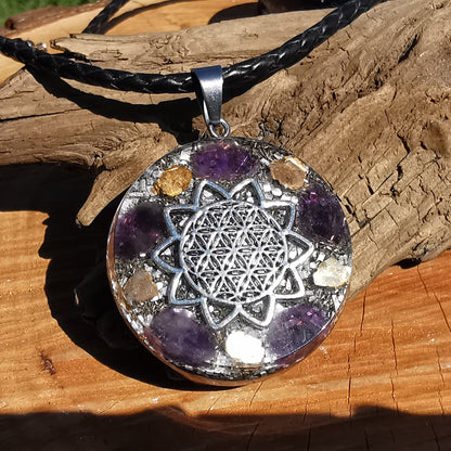Grosser Orgone Anhänger TRANSFORMATION mit AMETHYST Lebensblume silber