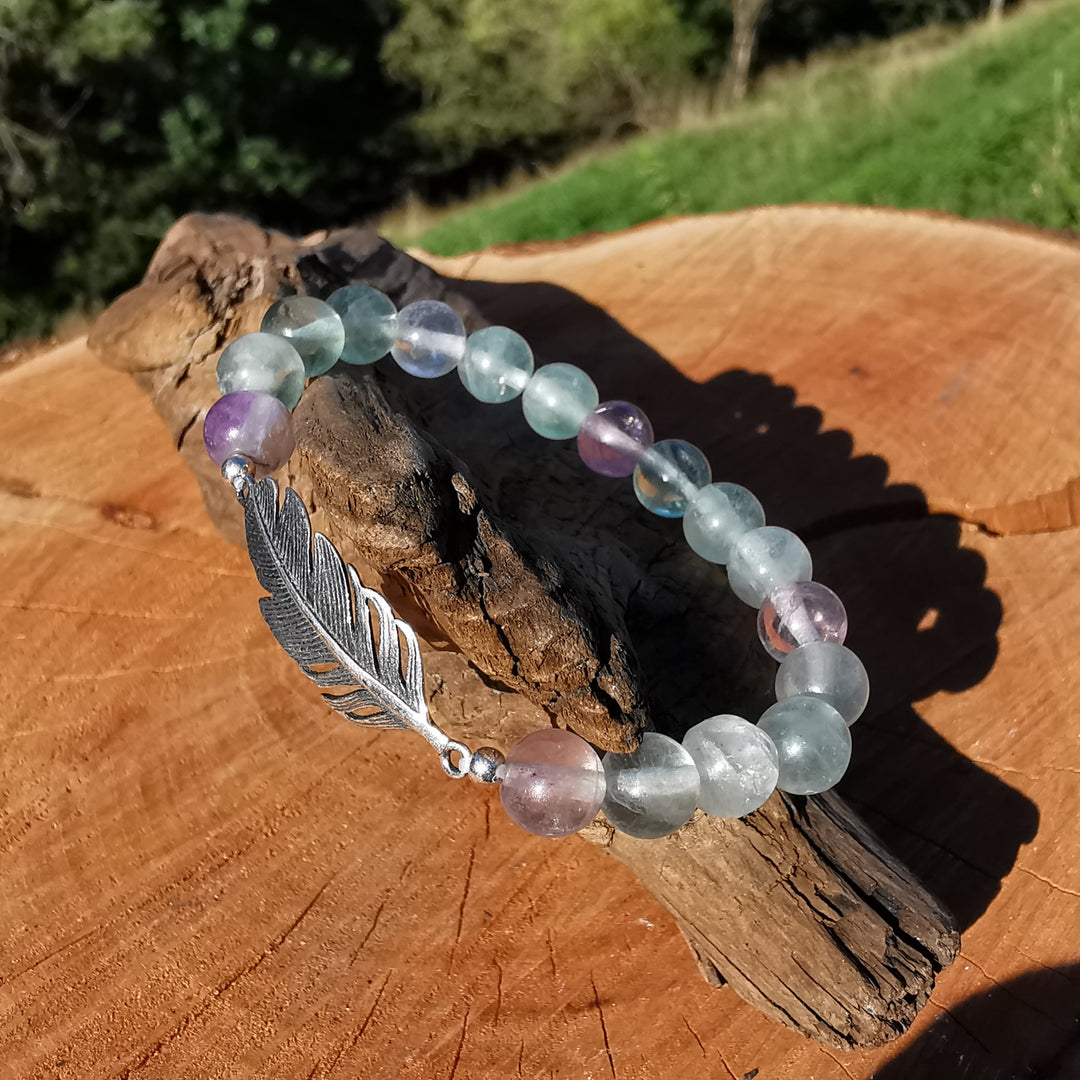 Edelstein Armband FOKUSSIERUNG Regenbogen Fluorit Extraqualität Feder S925 8mm