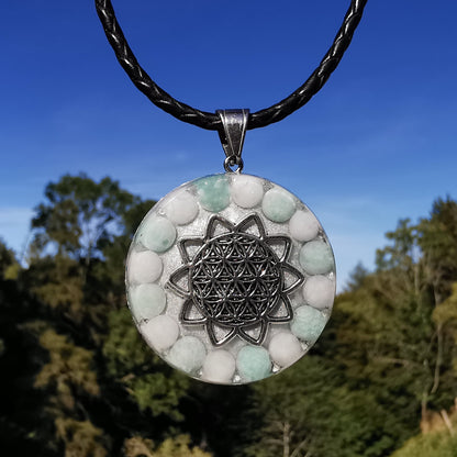 Grosser Orgone Anhänger INNERE RUHE & BEFREIUNG mit AMAZONIT BARYT Lebensblume silber