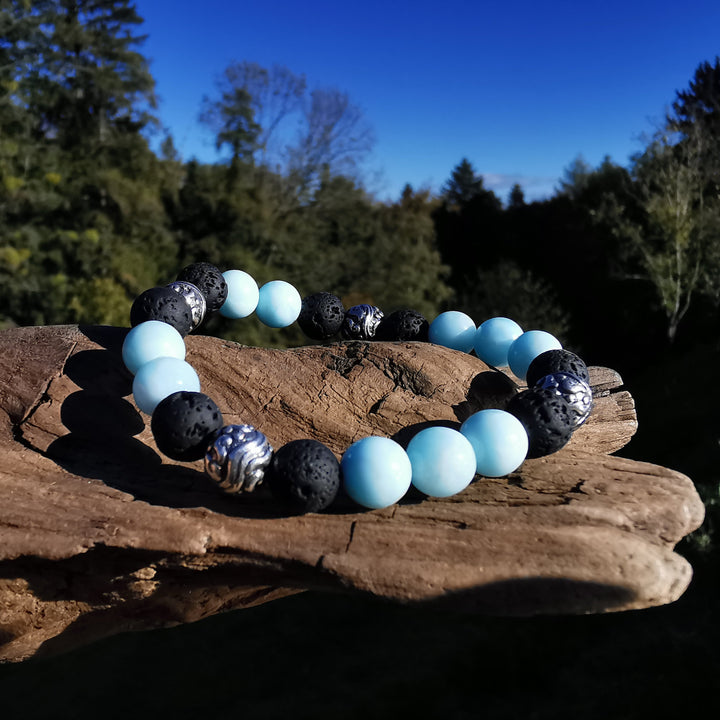 Edelstein Armband SELBSTVERWANDLUNG mit Hemimorphit & Lava S925 Wirbelkugeln 8mm