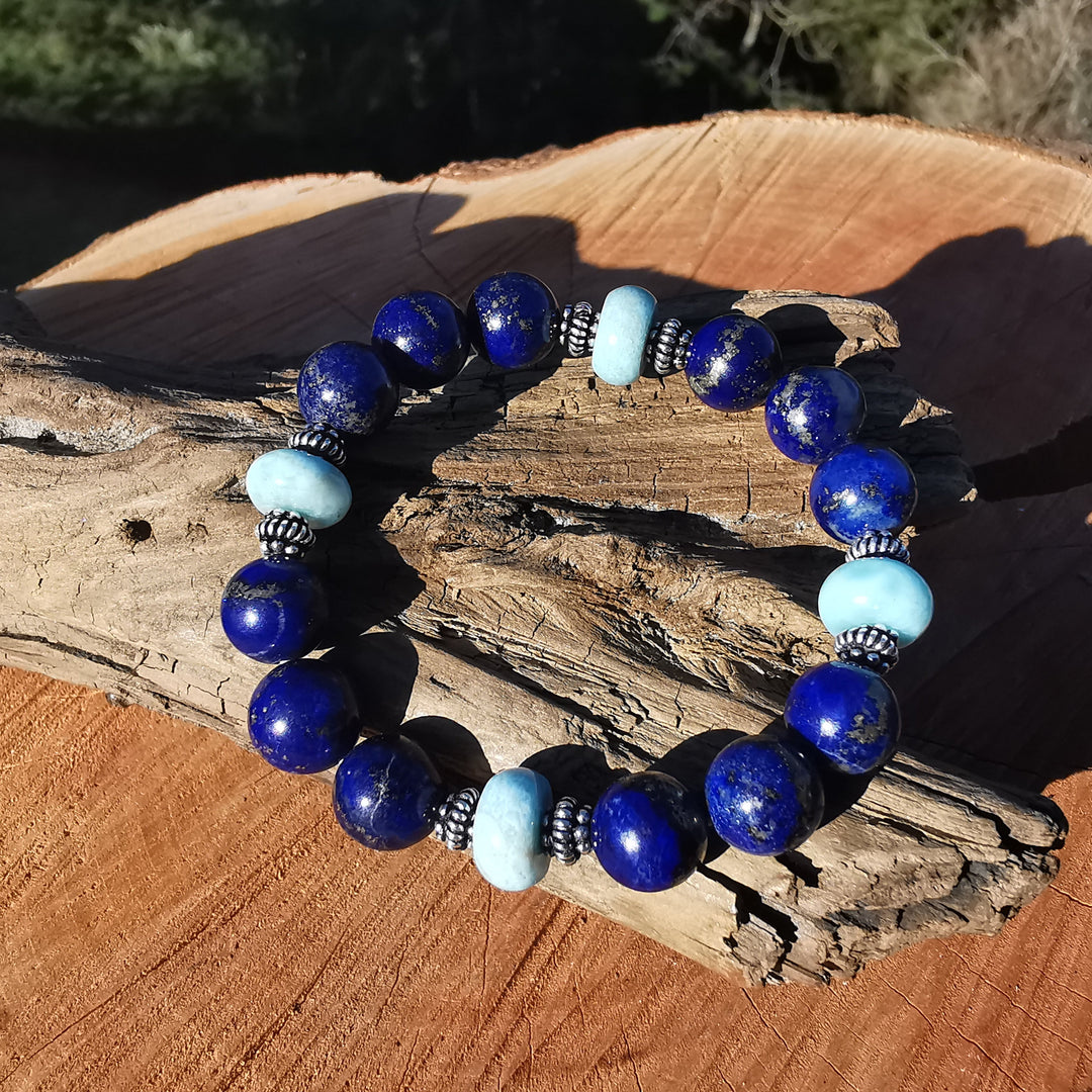 Edelstein Armband WAHRHEIT & GEBORGENHEIT Lapislazuli Larimar Extraqualität S925 10mm