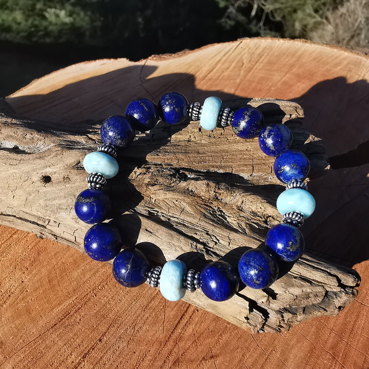 Edelstein Armband WAHRHEIT & GEBORGENHEIT Lapislazuli Larimar Extraqualität S925 10mm