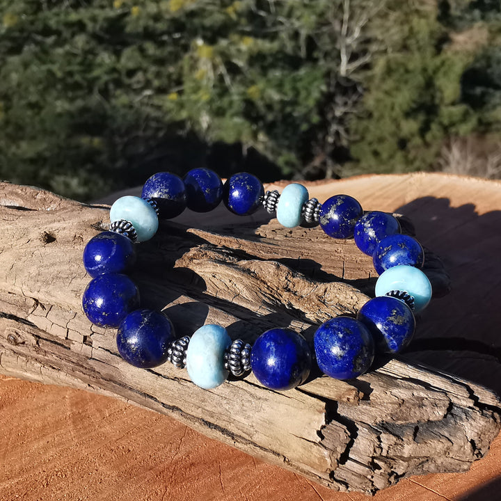Edelstein Armband WAHRHEIT & GEBORGENHEIT Lapislazuli Larimar Extraqualität S925 10mm
