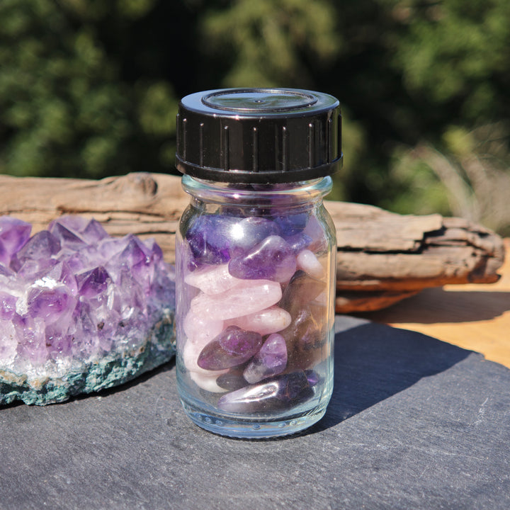 Deluxe Wassersteinmischung LIEBEVOLLES SEIN & INNERER FRIEDEN Morganit & Amethyst Apothekerfläschli mit 50g