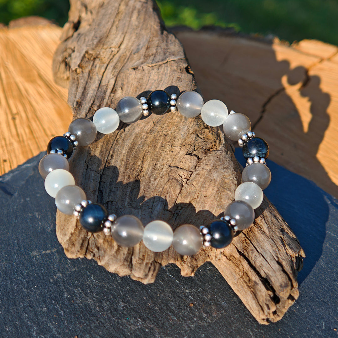 Edelstein Armband BEWUSST SEIN & WEITBLICK Mondstein Falkenauge S925 8mm