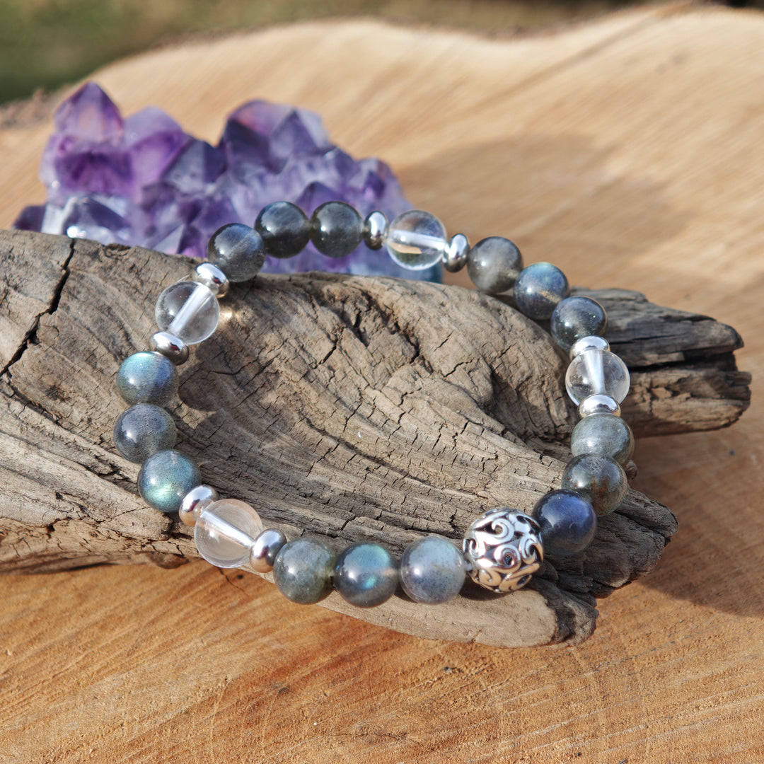 Edelstein Armband REFLEXION & KLARHEIT Labradorit Bergkristall Kugel S925 8mm