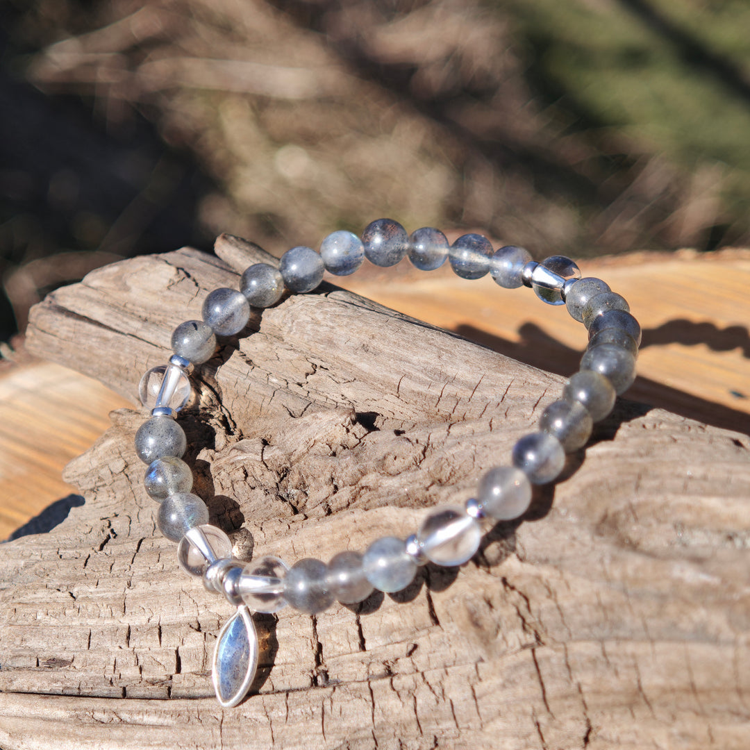 Edelstein Armband REFLEXION & KLARHEIT Labradorit Bergkristall Drachenträne S925 6mm