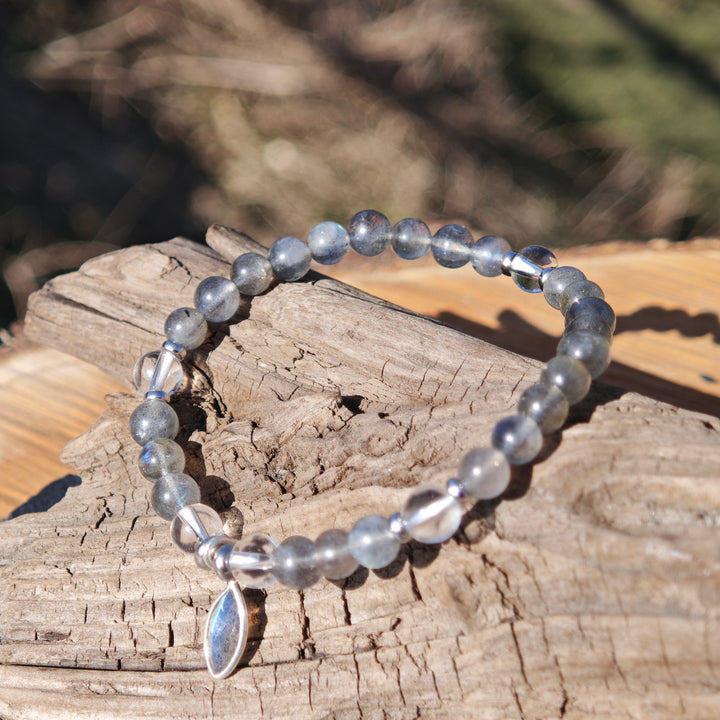 Edelstein Armband REFLEXION & KLARHEIT Labradorit Bergkristall Drachenträne S925 6mm