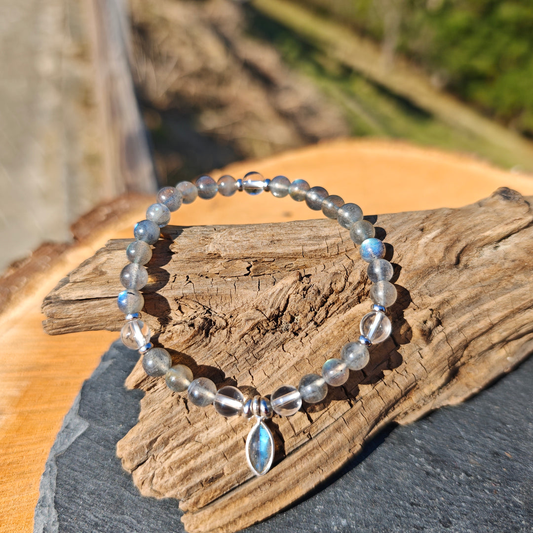 Edelstein Armband REFLEXION & KLARHEIT Labradorit Bergkristall Drachenträne S925 6mm