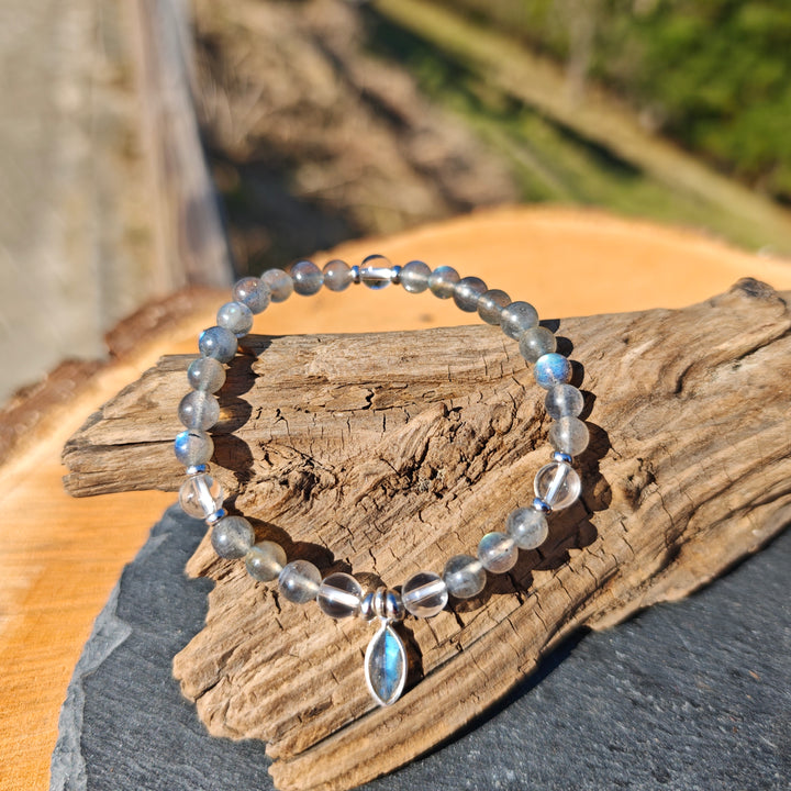 Edelstein Armband REFLEXION & KLARHEIT Labradorit Bergkristall Drachenträne S925 6mm