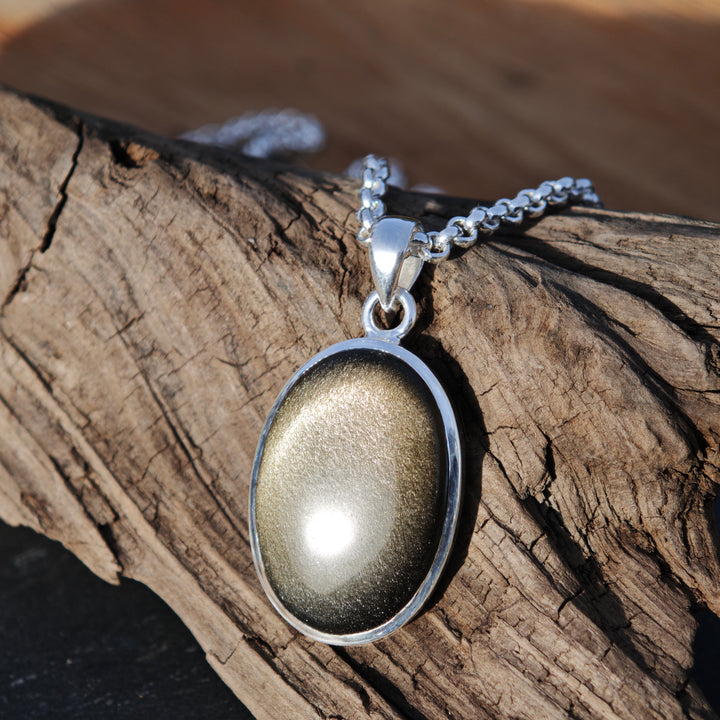 Goldschimmer Obsidian oval Anhänger gefasst in Silber 925