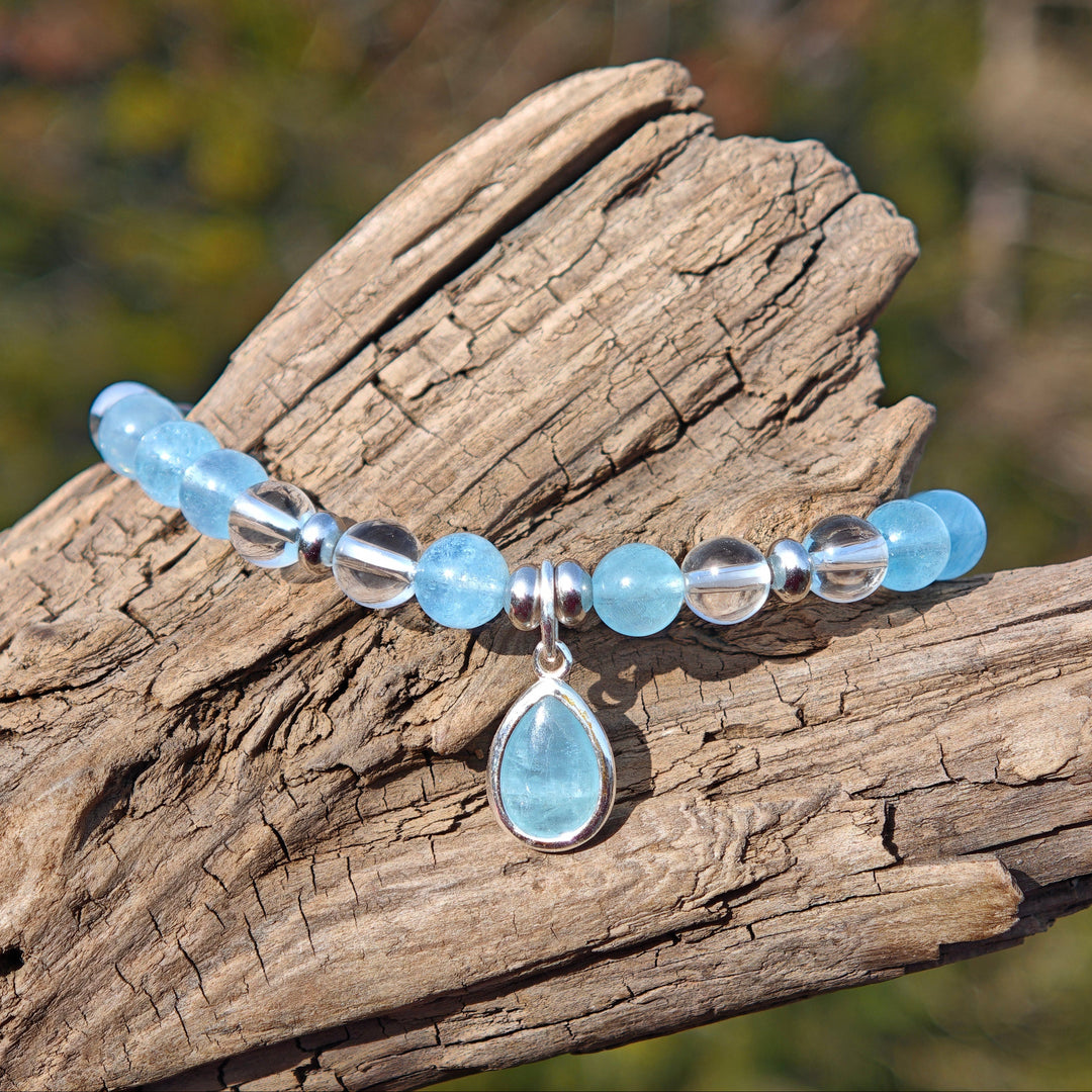 Edelstein Armband URVERTRAUEN & KLARHEIT Aquamarin Bergkristall Tropfen S925 6mm