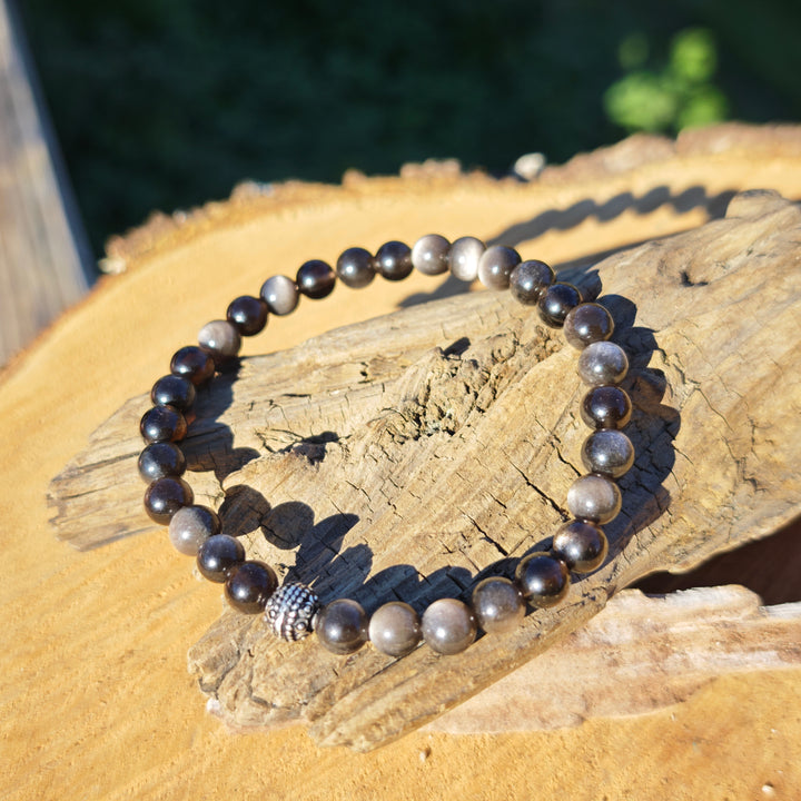 Edelstein Armband LICHTARBEIT & SCHUTZ Silberschimmer Obsidian Kugel S925 6mm