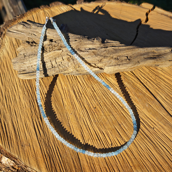 Edelsteinkette URVERTRAUEN mit AQUAMARIN Extraqualität 4mm Kugeln facettiert S925
