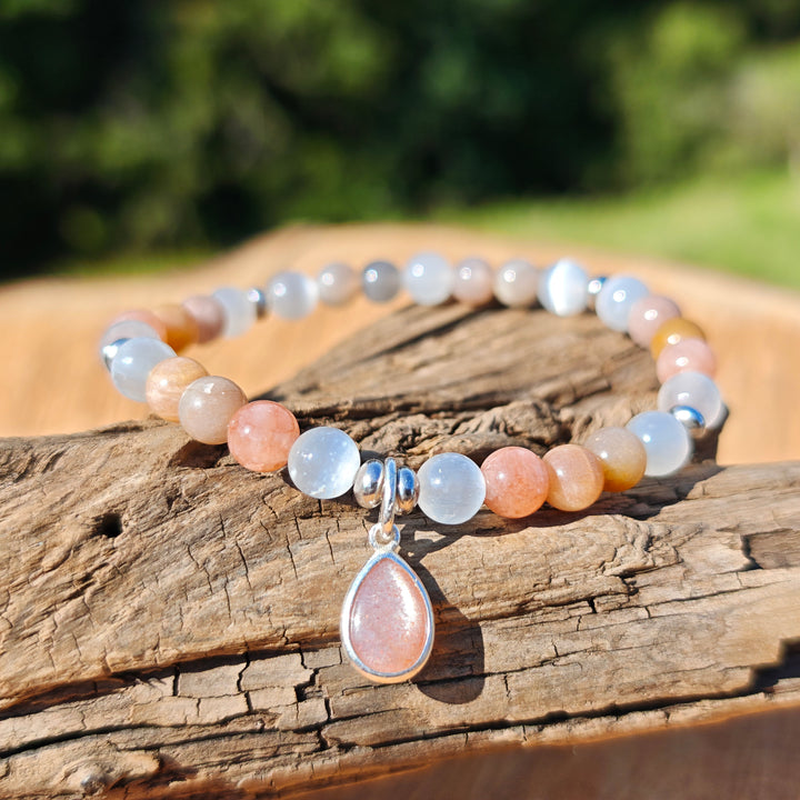 Edelstein Armband BEWUSST SEIN & GEISTIGE STABILITÄT Selenit Mondstein Tropfen S925 6mm