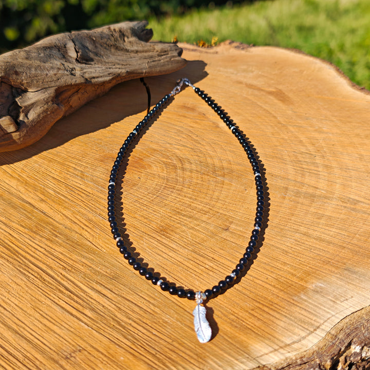 Edelsteinkette ENERGETISCHER SCHUTZ mit SCHWARZEM TURMALIN 4mm Kugeln Feder S925