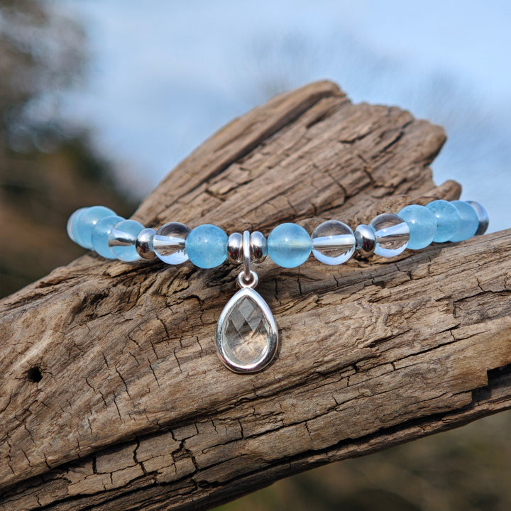 Edelstein Armband URVERTRAUEN & KLARHEIT Aquamarin Bergkristall Tropfen S925 6mm
