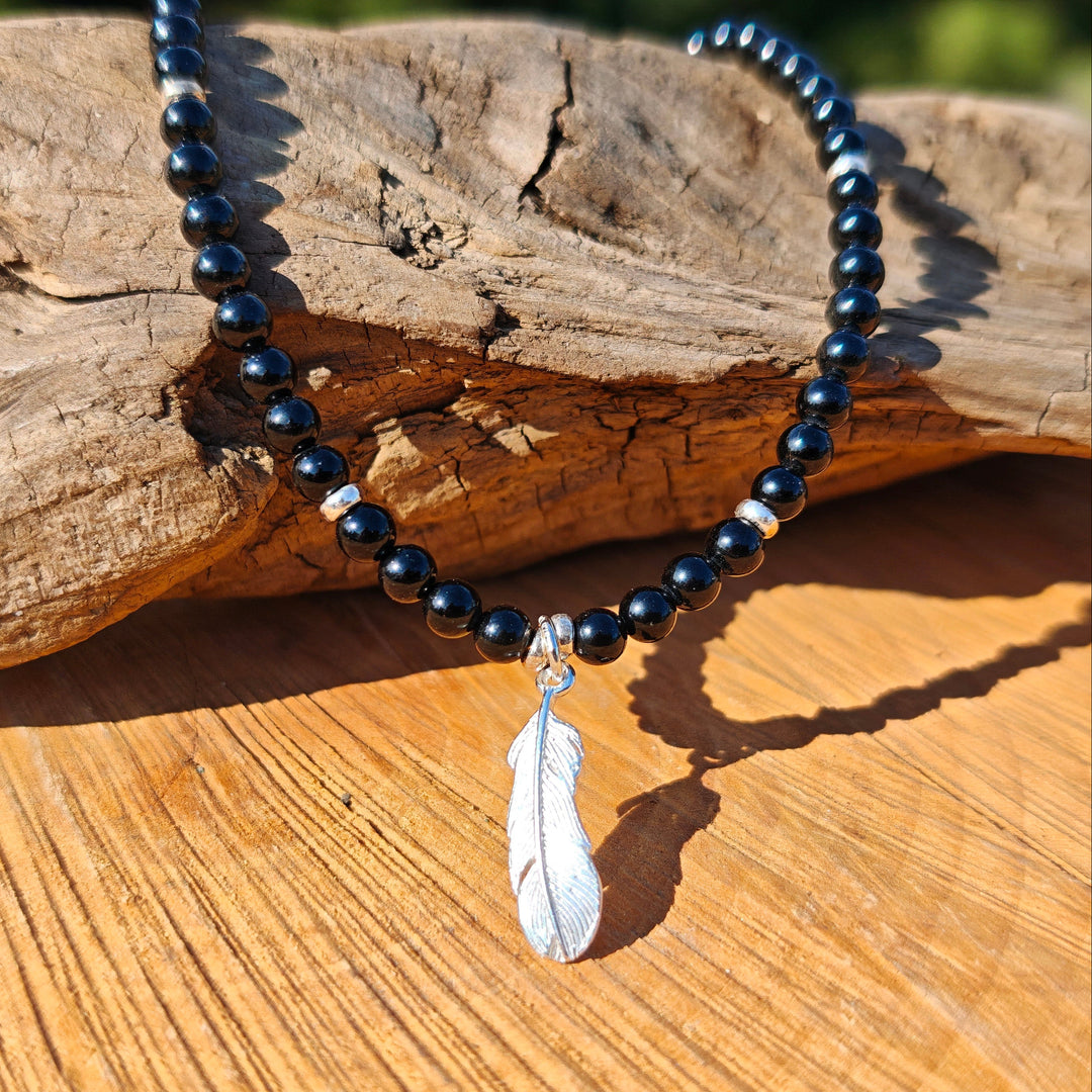 Edelsteinkette ENERGETISCHER SCHUTZ mit SCHWARZEM TURMALIN 4mm Kugeln Feder S925