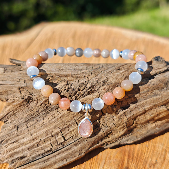 Edelstein Armband BEWUSST SEIN & GEISTIGE STABILITÄT Selenit Mondstein Tropfen S925 6mm