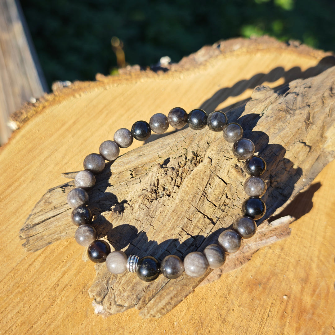 Edelstein Armband LICHTARBEIT & SCHUTZ Silberschimmer Obsidian Kugel S925 6mm