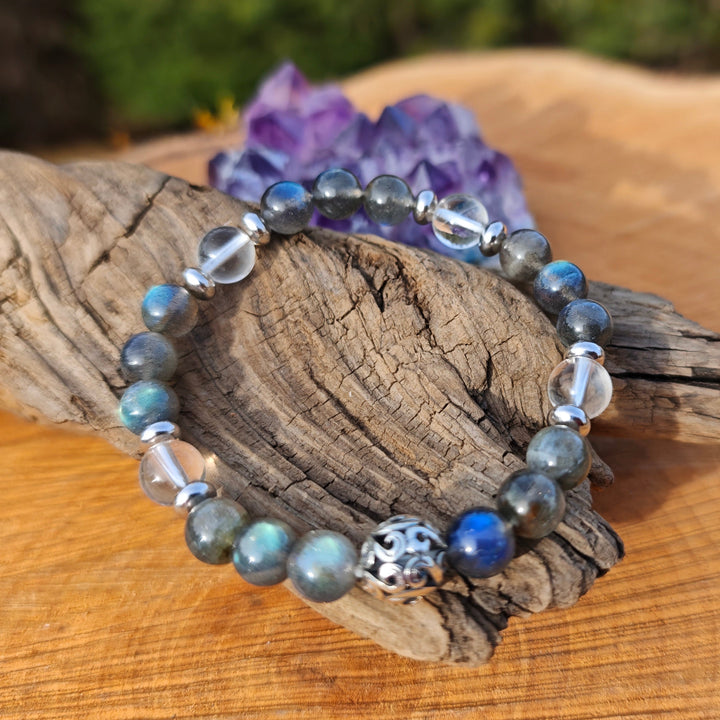 Edelstein Armband REFLEXION & KLARHEIT Labradorit Bergkristall Kugel S925 8mm