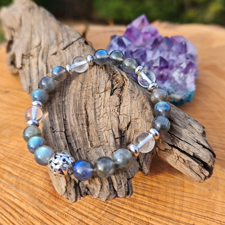 Edelstein Armband REFLEXION & KLARHEIT Labradorit Bergkristall Kugel S925 8mm