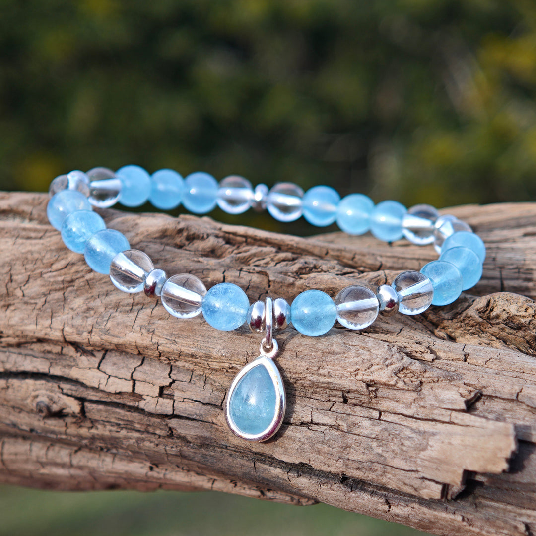 Edelstein Armband URVERTRAUEN & KLARHEIT Aquamarin Bergkristall Tropfen S925 6mm