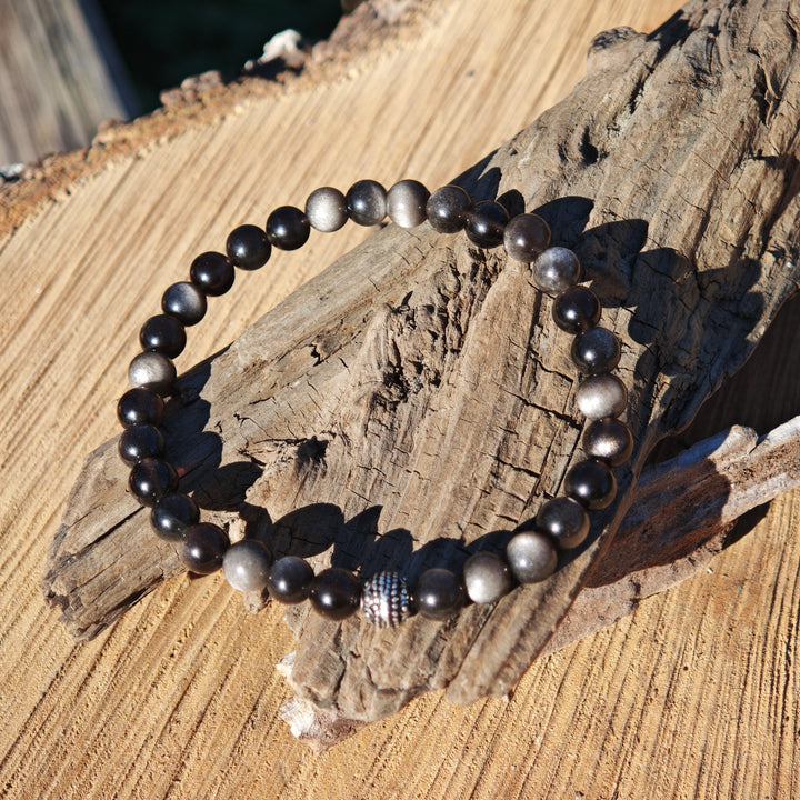 Edelstein Armband LICHTARBEIT & SCHUTZ Silberschimmer Obsidian Kugel S925 6mm