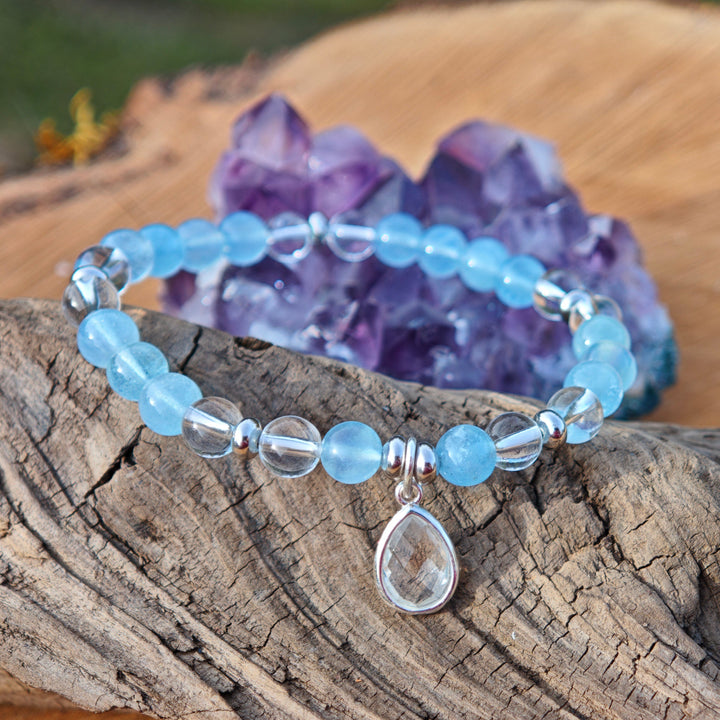 Edelstein Armband URVERTRAUEN & KLARHEIT Aquamarin Bergkristall Tropfen S925 6mm