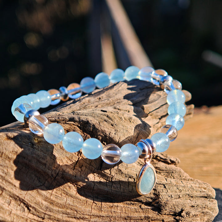 Edelstein Armband URVERTRAUEN & KLARHEIT Aquamarin Bergkristall Tropfen S925 6mm