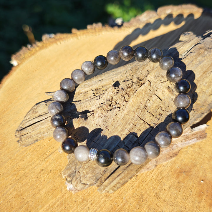Edelstein Armband LICHTARBEIT & SCHUTZ Silberschimmer Obsidian Kugel S925 8mm