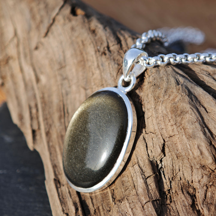 Goldschimmer Obsidian oval Anhänger gefasst in Silber 925