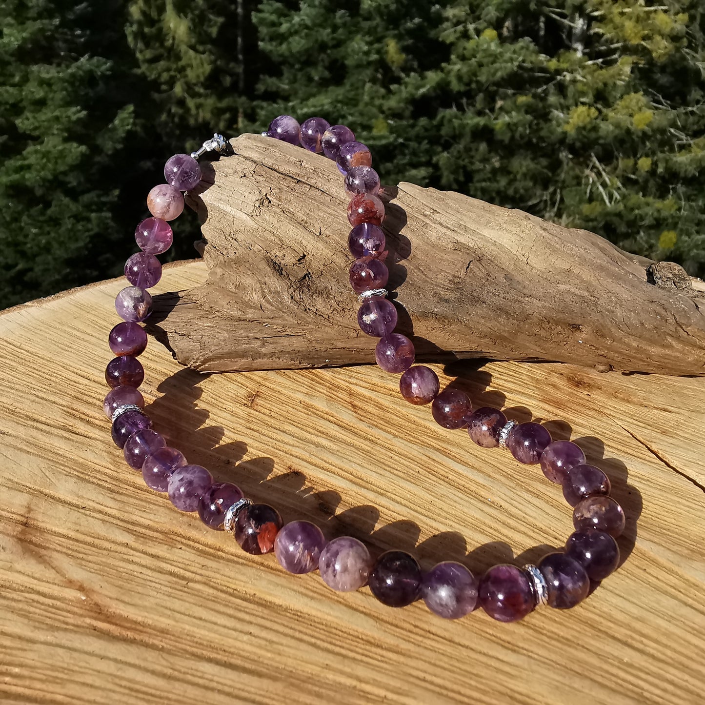 Heilsteinkette AUFSTIEG mit Amethyst Phantomquarz (Cacoxenit) in Extraqualität 10mm Kugeln S925