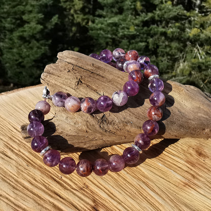 Heilsteinkette AUFSTIEG mit Amethyst Phantomquarz (Cacoxenit) in Extraqualität 10mm Kugeln S925