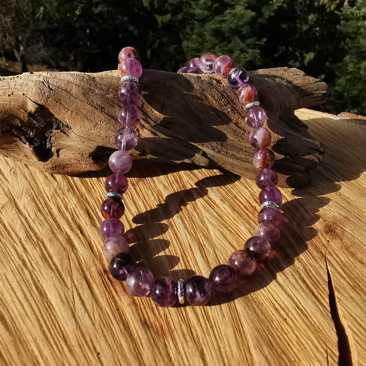 Heilsteinkette AUFSTIEG mit Amethyst Phantomquarz (Cacoxenit) in Extraqualität 10mm Kugeln S925
