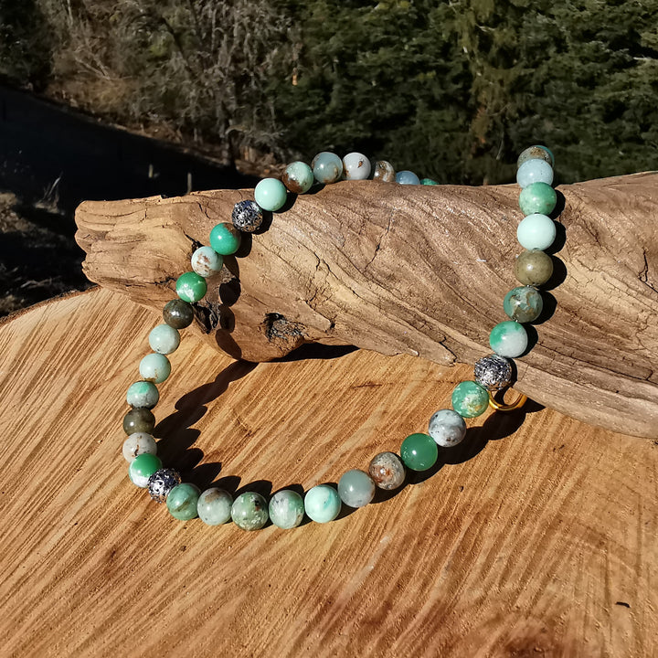 Edelsteinkette SELBST AKZEPTANZ mit Chrysopras und S925 Kugeln 8mm